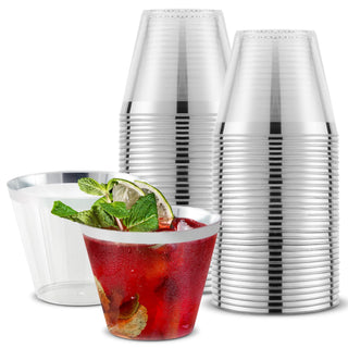 9 oz Silver-Rim Disposable Plastic Cups (100 Pack) Elegant Tumblers Glasses for Parties by Stock Your Home – 100 Count, 9.0 ounces, Polystyrene (PS), Silver Rim, Pack of 100