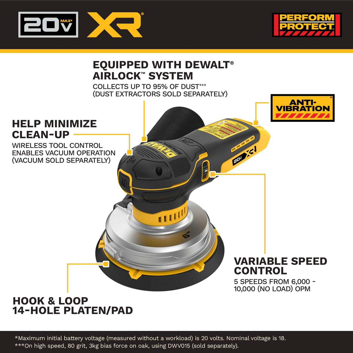 20V MAX XR 6 in. Cordless Random Orbital Sander () by DEWALT – Black, Yellow, Model DCW230B
