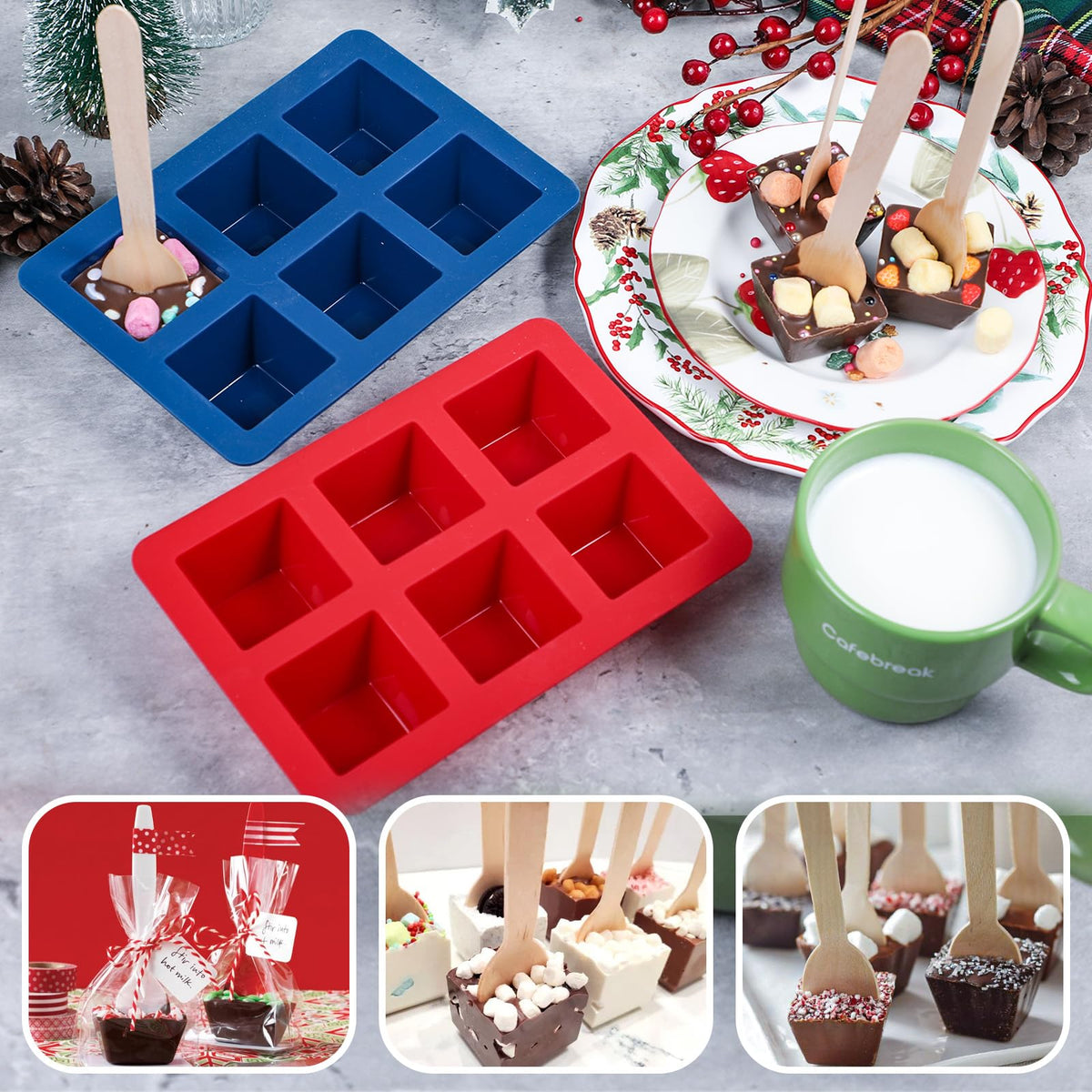 Webake Hot Cocoa Spoon Mold Set, Silicone Square, Red and Blue, 2-Pack