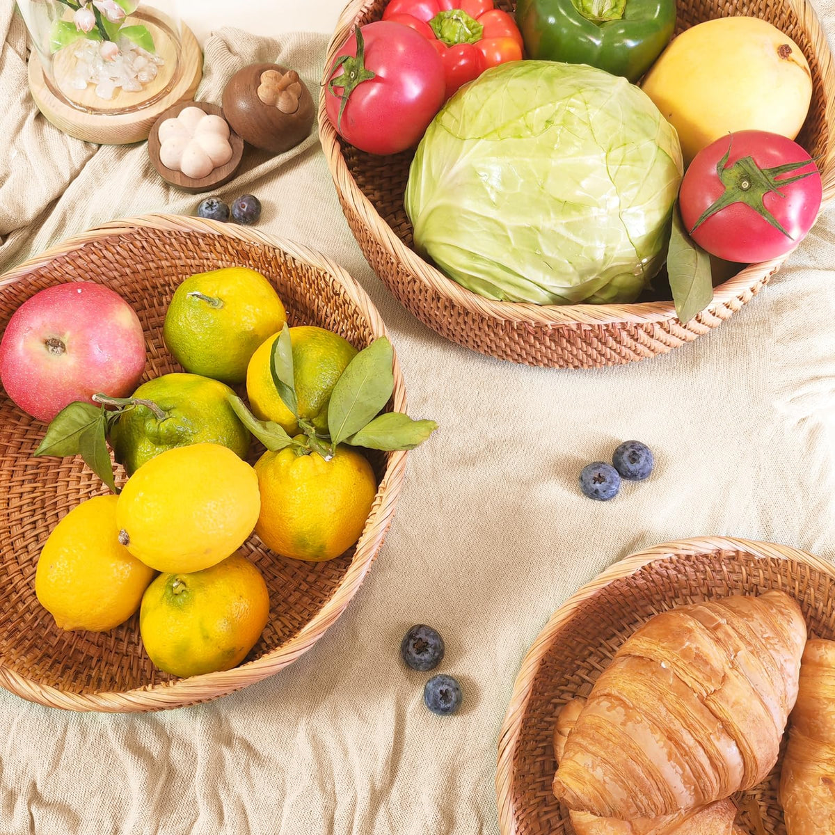 Oavostd Rattan Fruit Basket, Handwoven Wave Set, Natural