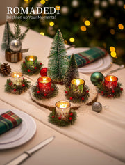 Romadedi Mercury Glass Votive Candle Holder with Wreath, Set of 6, Red Green Silver