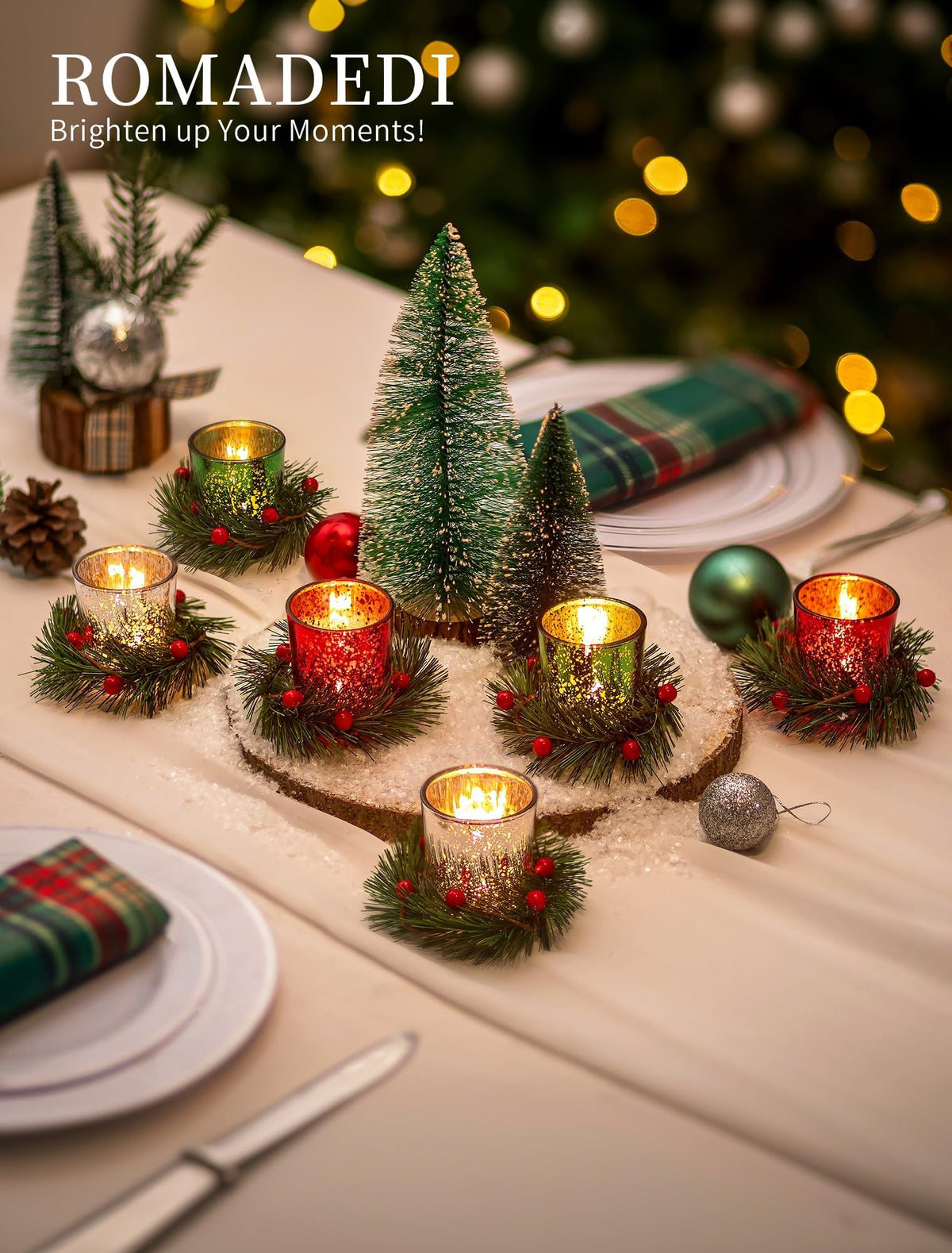Romadedi Mercury Glass Votive Candle Holder with Wreath, Set of 6, Red Green Silver