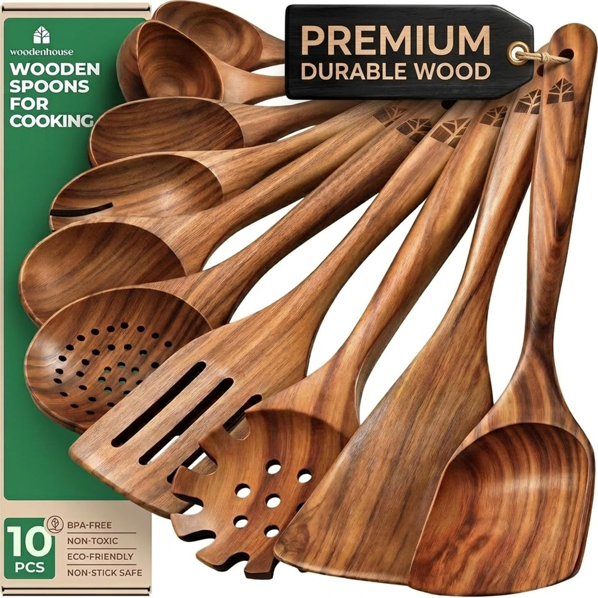 Woodenhouse Teak Wood Utensil Set, 10 Pieces, Natural