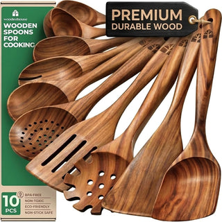 Woodenhouse Teak Wood Utensil Set, 10 Pieces, Natural
