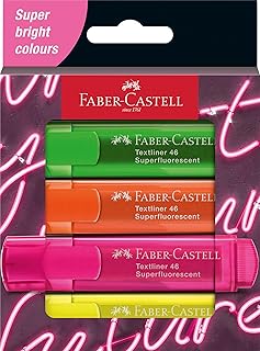 Faber-Castell Textliner 46 Superfluorescent Highlighters – 4 Neon Chisel Tip Highlighters for School, Office, Planners & Study Notes