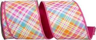 Reliant Ribbon Bright Plaid Diagonal Deluxe Backed Wired Edge Ribbon, Hot Pink
