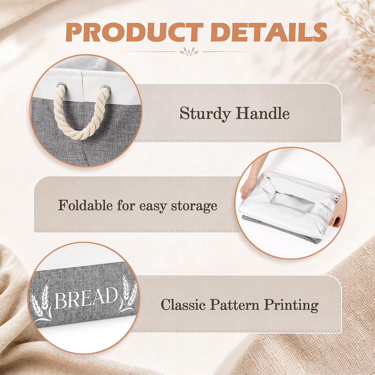 SiliFine Bread Storage Basket, Foldable Burlap Bin with Handles, White Gray