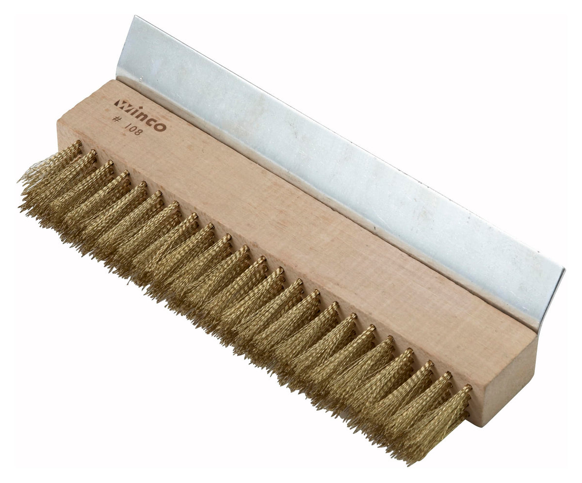 Brass Wire Oven Bristle Brush with Metal Scraper by Winco – Medium, Brass, Brown, Model BR-10