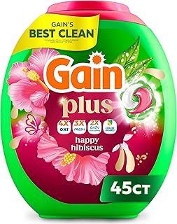 Plus Flings Liquid Washing Detergent Pods, Gain's Best Clean, All-In-One, Happy Hibiscus Scent Laundry Pacs, 45 Count (Packaging May Vary)