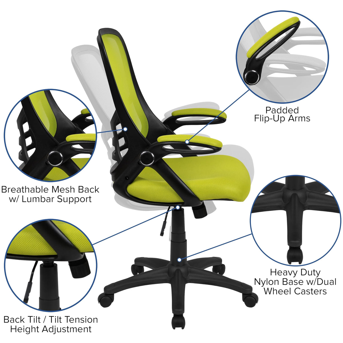 Porter Mesh High Back Ergonomic Swivel Office Chair with Lumbar Support by Flash Furniture – Set of 1, Polyester, Plywood, Plastic, Metal, Mesh, Foam, Model HL-0016-1-BK-GN-GG