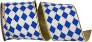 Reliant Ribbon Harlequin Solid Diamond Outline Gilded Deluxe Wired Edge, White/Royal, 4 Inch, 10 Yards