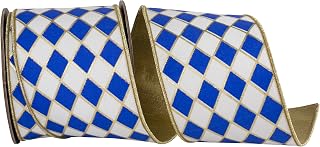 Reliant Ribbon Harlequin Solid Diamond Outline Gilded Deluxe Wired Edge, White/Royal, 4 Inch, 10 Yards