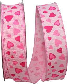 Reliant Ribbon Hearts Hopsack Tossed Wired Edge Ribbon, 1-1/2 Inch X 20 Yards, Pink