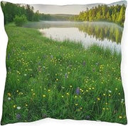 Lakeside Meadow Glowing Green Outdoor Pillow with Wildflower Design