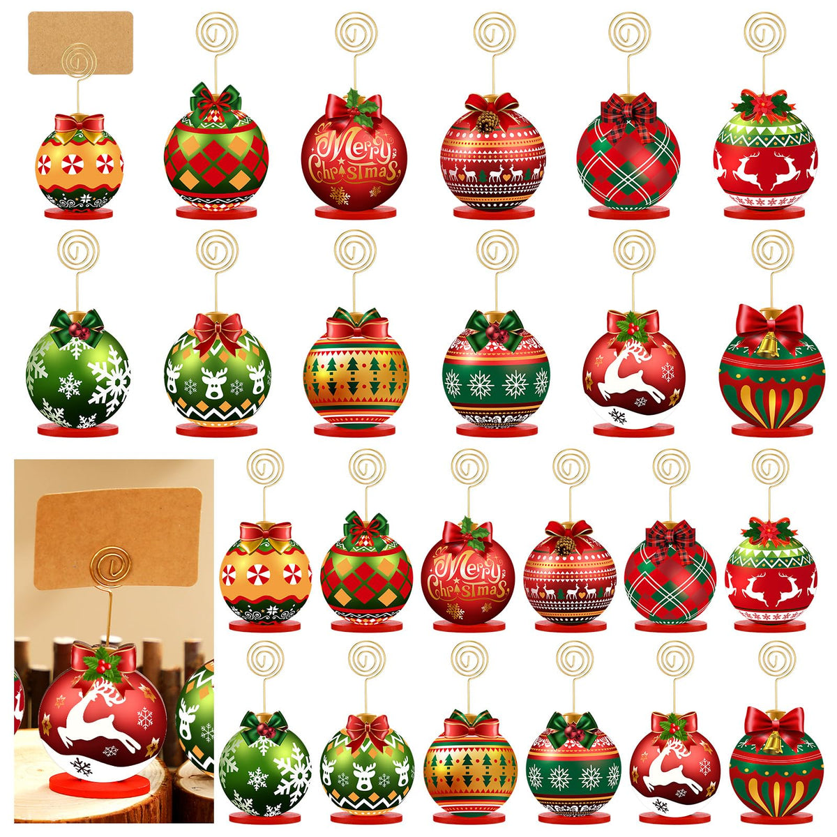 Yookeer Wood Place Card Holders, 24 Sets with Kraft Cards, Multicolor Christmas Designs