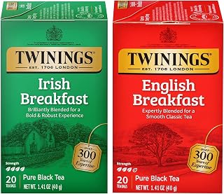 Twinings Classic Black Tea Variety Sampler Pack, 20 Count (Pack of 2). Includes English Breakfast and Irish Breakfast. Caffeinated, 40 Individually Wrapped Tea Bags.