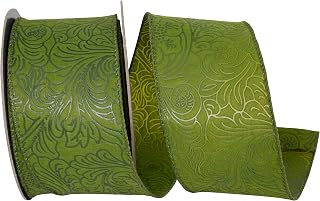 Reliant Ribbon Leaf Scroll Embossed Wired Edge, Moss, 2-1/2 Inch, 10 Yards