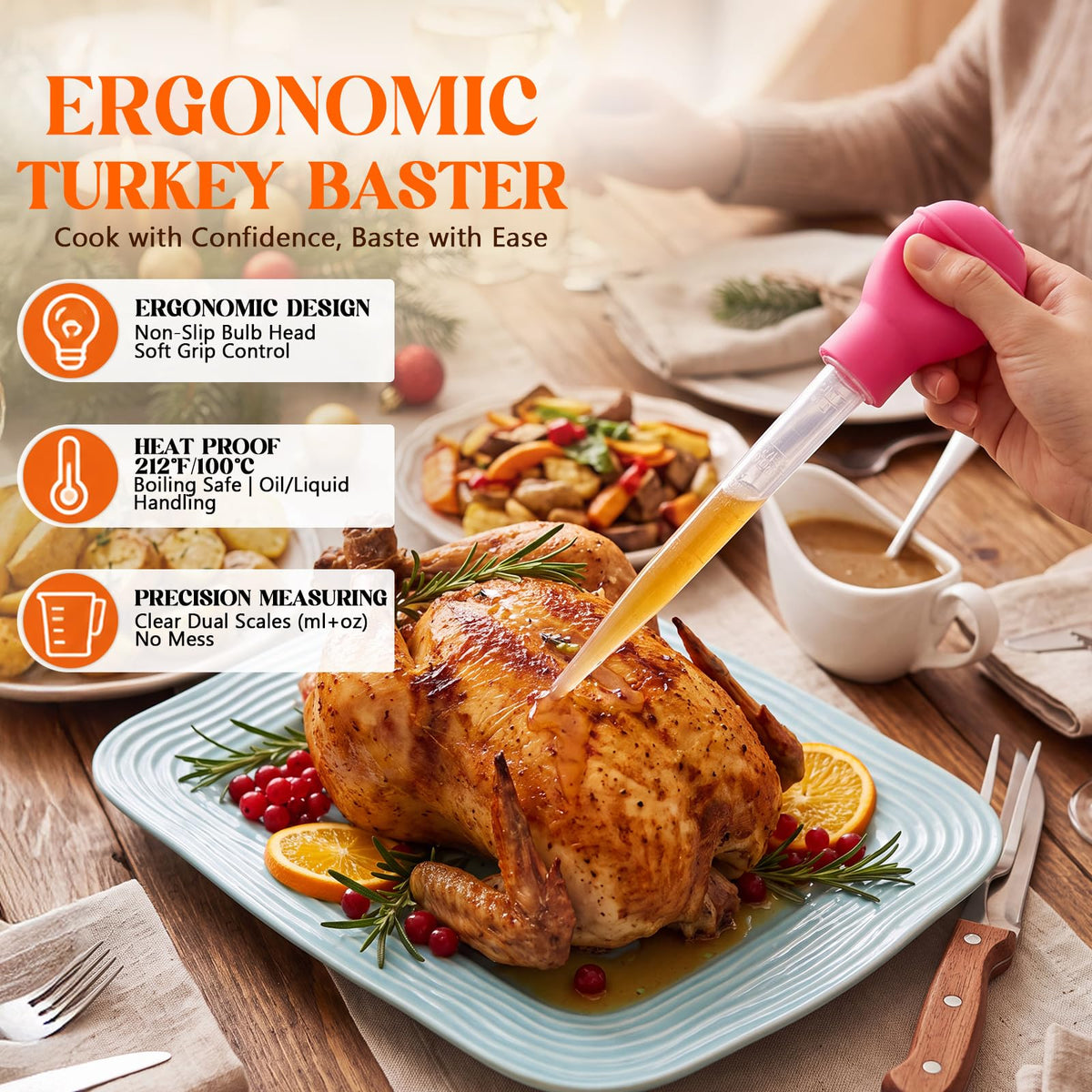 Boao Turkey Baster Set, 5 Piece with Silicone Brush, Rose and Green
