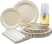 OCCASIONS 640 Piece Disposable Dinnerware Set for 80 Guests, Elegant Plastic Plates, Gold Silverware, Cups, Linen-Like Napkins, Fancy Party Plates for Wedding, Birthday, Holiday, Verona Plain Ivory