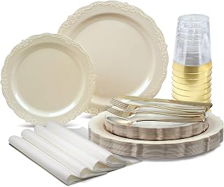 OCCASIONS 640 Piece Disposable Dinnerware Set for 80 Guests, Elegant Plastic Plates, Gold Silverware, Cups, Linen-Like Napkins, Fancy Party Plates for Wedding, Birthday, Holiday, Verona Plain Ivory