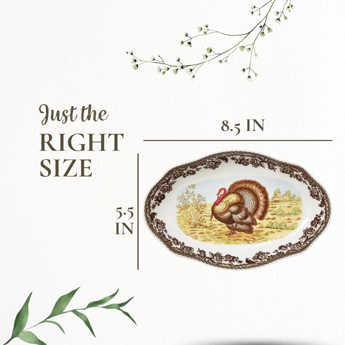 Spode Woodland Turkey Pickle Dish, 8.5 Inch Porcelain, Brown White