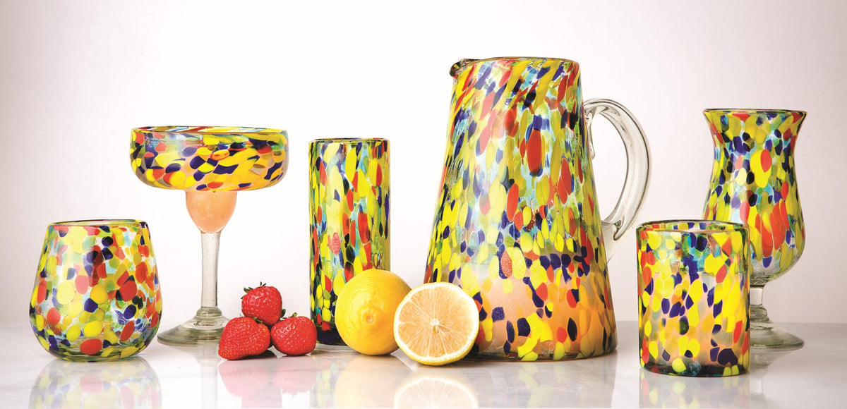 Carnaval Stemless Wine Handblown Mexican Glass by 10 Strawberry Street – 16 fl oz, 16.0 fluid_ounces, Glass, Yellow/Orange/Blue/Aqua/Clear, Pack of 6