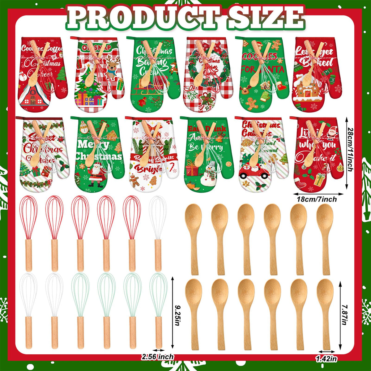 Willinglong Christmas Oven Mitt Bundle, 12 Sets with Spoons and Whisks, Classic Prints