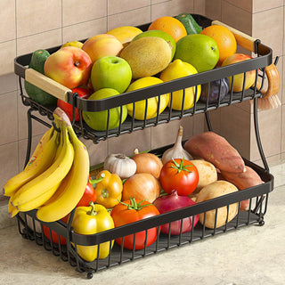 Sevenblue 2-Tier Fruit Basket, Iron with Banana Hooks, Black