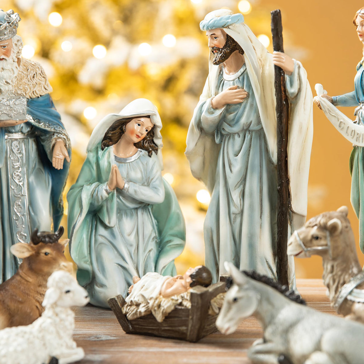 Glitzhome Nativity Figurine Collection, 12 Piece Set, Blue