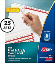 Avery 5007278211447 Print & Apply Clear Label Dividers, Index Maker Easy Apply Printable Label Strip, 8 White Tabs, 25 Sets, Case Pack of 6