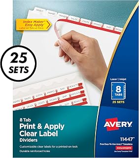 Avery 5007278211447 Print & Apply Clear Label Dividers, Index Maker Easy Apply Printable Label Strip, 8 White Tabs, 25 Sets, Case Pack of 6