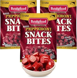 Bridgford Pepperoni Snack Bites 4 oz Pack of 3 - Ready-to-Eat Pepperoni Snacks for On-The-Go Snacking - Pork and Beef Pepperoni Bites with Zero Carbs for Keto Friendly Diets or Any Dietary Preferences
