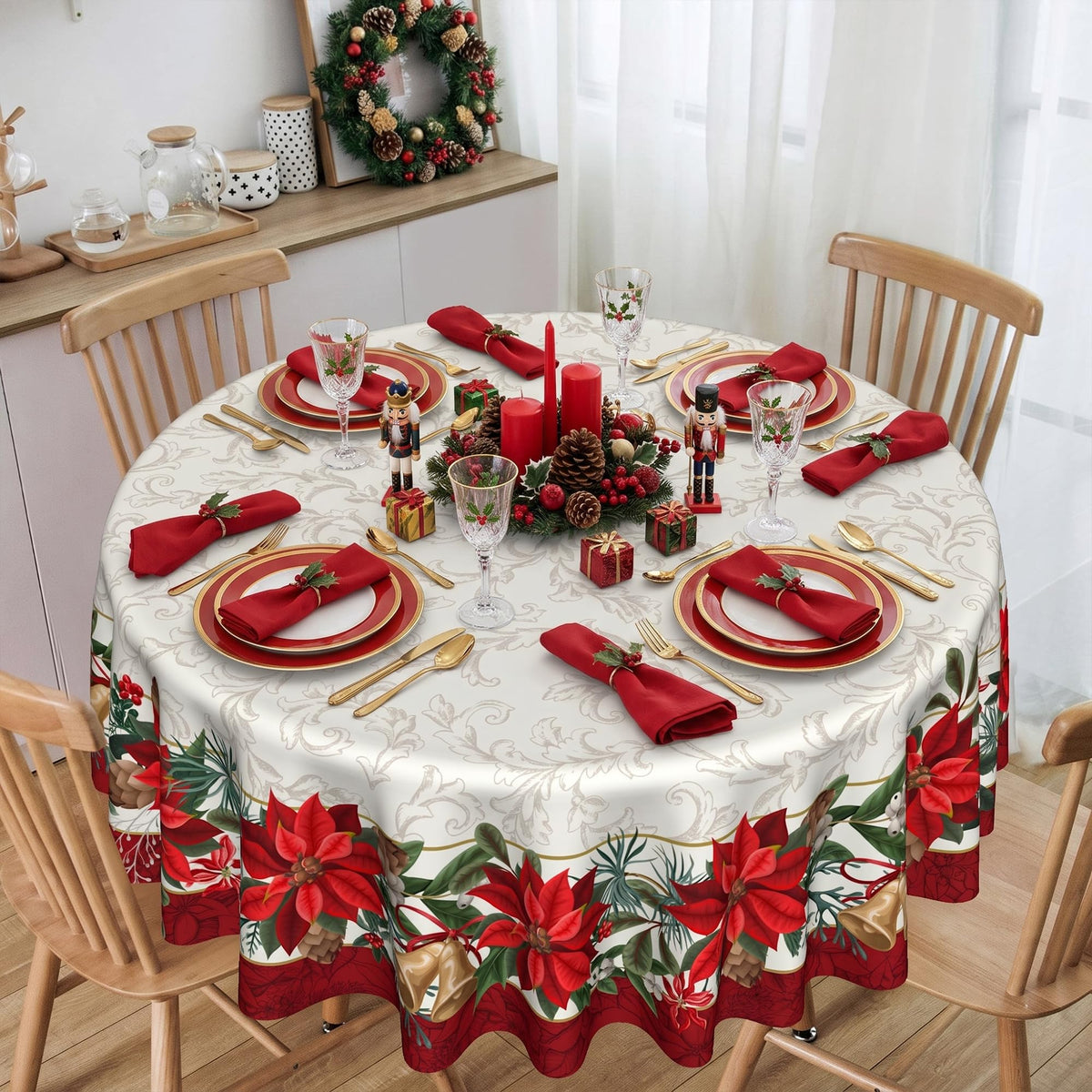 Woaoce Poinsettia Tablecloth, 70 Inch Round, Christmas Border