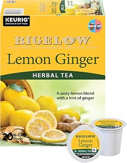 Bigelow Tea Lemon Ginger Herbal Tea K-Cup Pods, 20 Count Box | Caffeine Free Tea Keurig Tea Pods, 20 Total K-Cup Pods