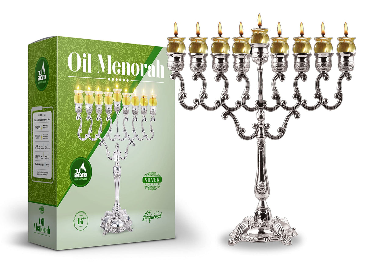 Ner Mitzvah Silver Oil Menorah, Olive Branches, 14 Inches High