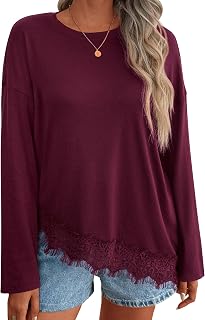 Womens Long Sleeve Shirt Asymmetrical Hem Lace Patchwork Casual Tops
