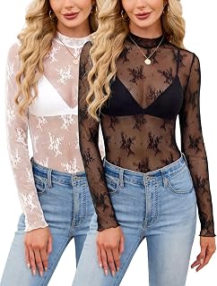 Womens Mesh Lace Tops Long Sleeve High Neck Sheer Going Out Blouses