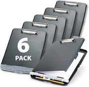 Officemate Slim Clipboard Storage Box, 10 x 14.5-Inches, Plastic Document Organizer with Storage Compartment and Pen Holder, Low-Profile Metal Clip, Charcoal, Pack of 6