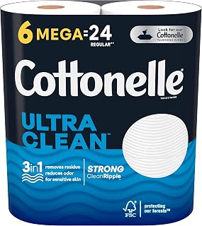 Cottonelle Ultra Clean Toilet Paper, Strong Bath Tissue, 6 Mega Rolls (6 Mega Rolls = 24 regular rolls), 312 Sheets per Roll