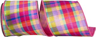 Reliant Ribbon Strawberry Plaid Deluxe Mesh Backed Wired Edge, Watermelon, 4 Inch, 10 Yards