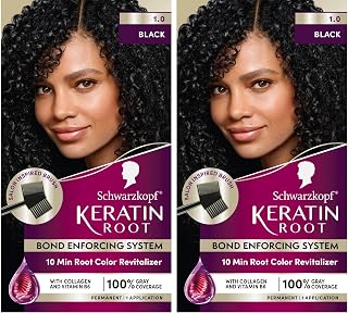 Schwarzkopf Keratin Root Permanent Hair Color Kit, 1.0 Black, 1-Application Root Touch-Up with Collagen & Vitamin B6, Complete Gray Coverage, Precision Brush, All Hair Types & Textures (Pack of 2)