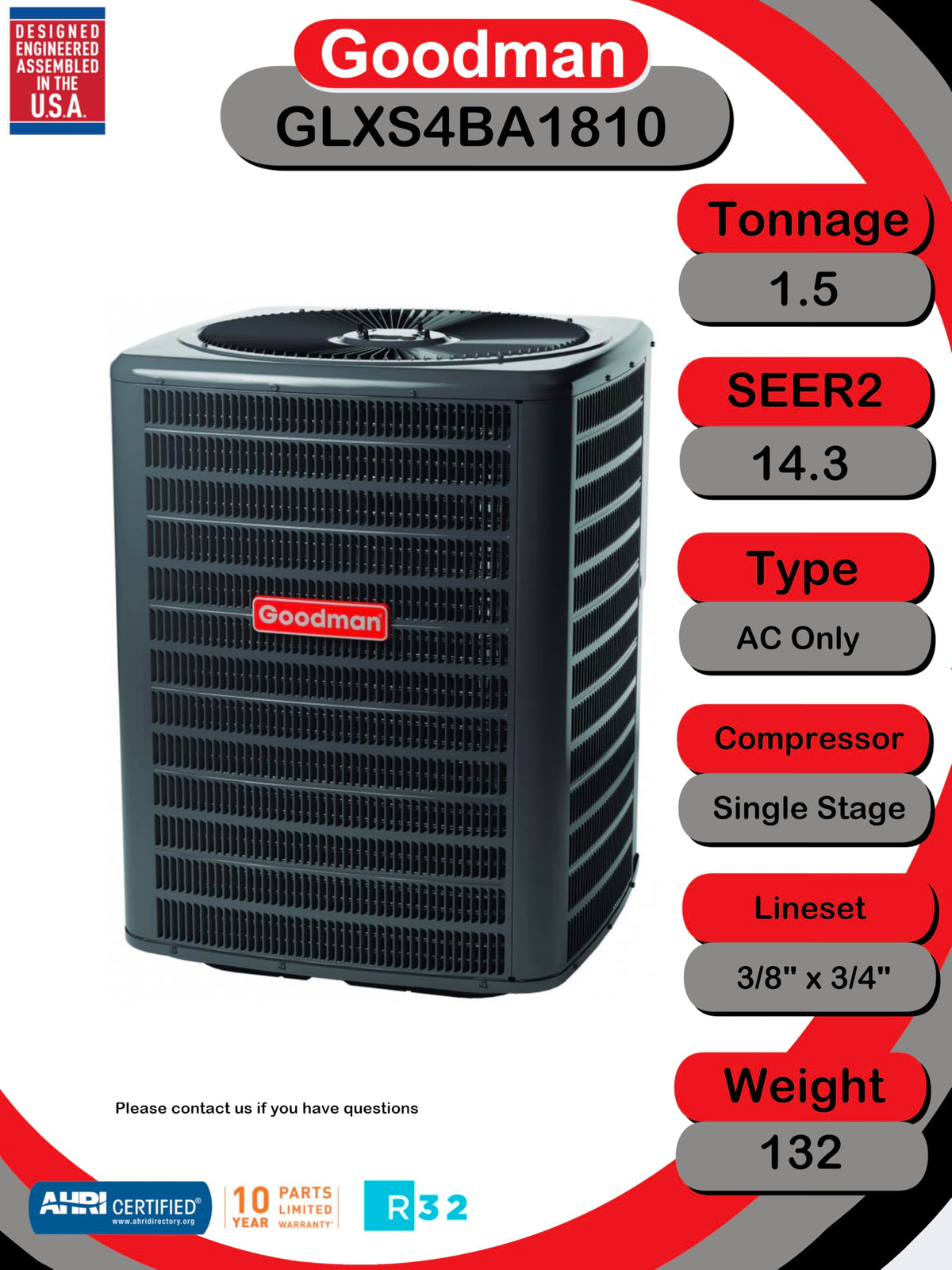 1.5 Ton 14.3 SEER2 R-32 Central Air Conditioning System with Ceiling-Mount Air Handler & 5 kW Electric Heat (GLXS4BA by Goodman – 1.5 tons, Gray, Pack of 2