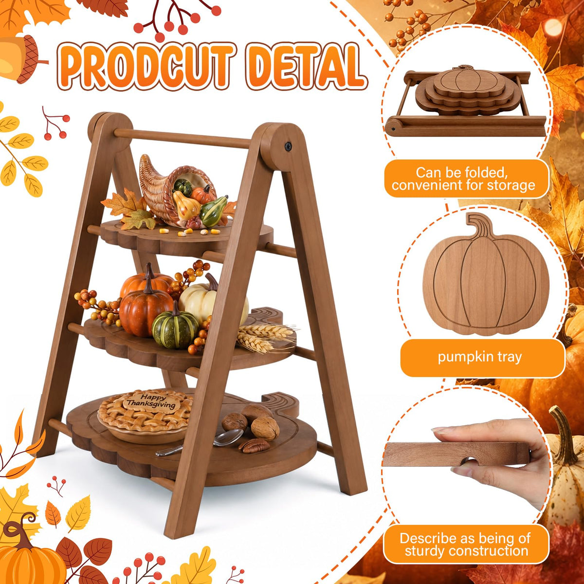 Marsui Pumpkin Tiered Serving Set, Wooden Platters in 12 10 8 Inch Sizes, Brown