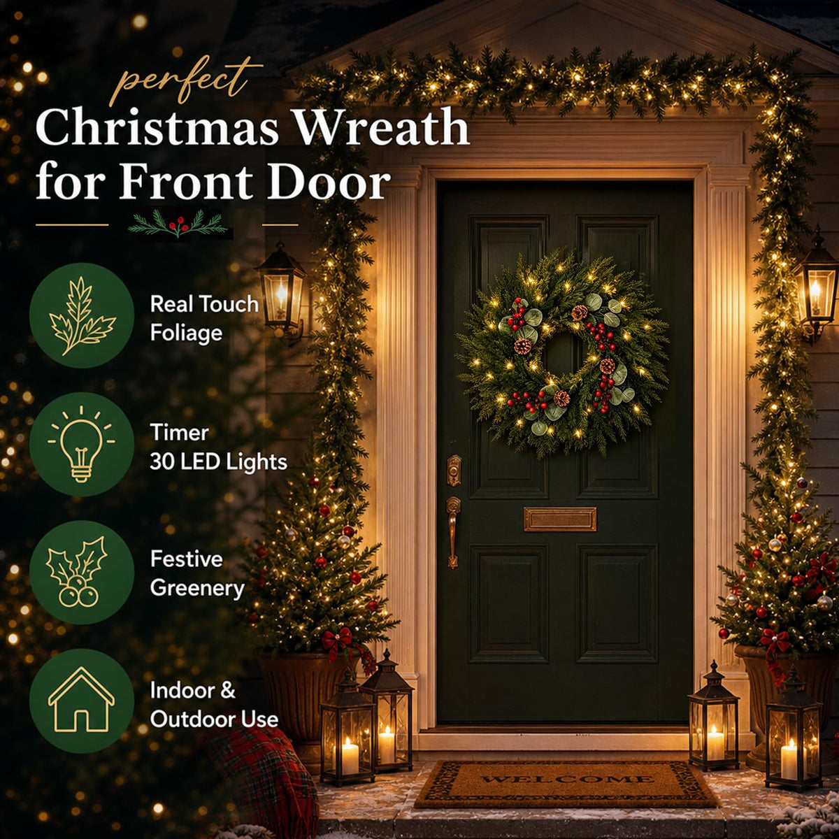Worthyeah Norfolk Pine Wreath, 24 Inch Illuminated, Christmas