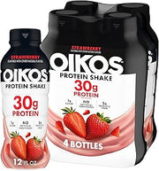 Oikos 30g Protein Shake, Strawberry, High Protein Drinks, Shelf Stable, Ready to Drink, 5g Prebiotic Fiber, 12 fl oz Bottle, 4 Count​