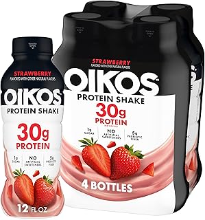 Oikos 30g Protein Shake, Strawberry, High Protein Drinks, Shelf Stable, Ready to Drink, 5g Prebiotic Fiber, 12 fl oz Bottle, 4 Count​