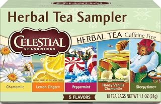 Celestial Seasonings Herbal Tea Sampler Variety Pack, Caffeine Free, 18 Tea Bags Box