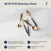 Velo 18/10 Stainless Steel by Fortessa – 20 Piece Flatware Set (Service for 4), Stainless Steel, Black/24k Gold, Pack of 20, Model 5PPS-114CG-20PC