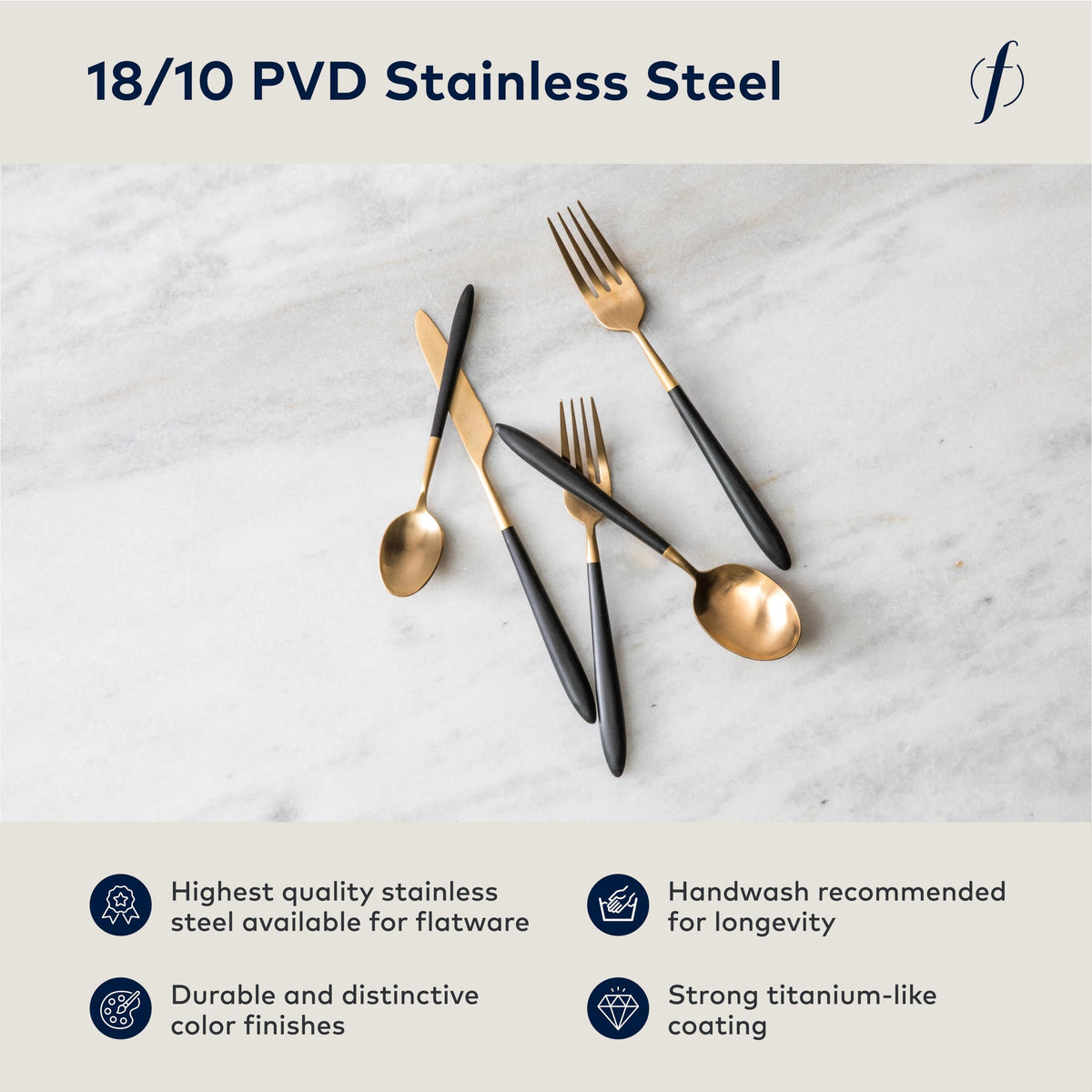 Velo 18/10 Stainless Steel by Fortessa – 20 Piece Flatware Set (Service for 4), Stainless Steel, Black/24k Gold, Pack of 20, Model 5PPS-114CG-20PC