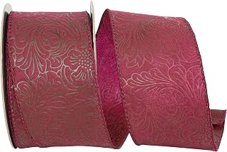 Reliant Ribbon Leaf Scroll Embossed Wired Edge, Burgundy, 2-1/2 Inch, 10 Yards